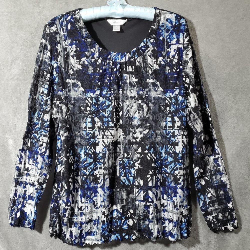CJ Banks Stretch Gauze Look Long Sleeve Top Blue, Black, Gray  & White S…